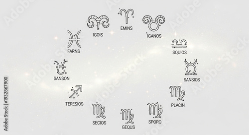 Zodiac wheel illustration featuring astrological signs in a circular arrangement, representing celestial concepts.