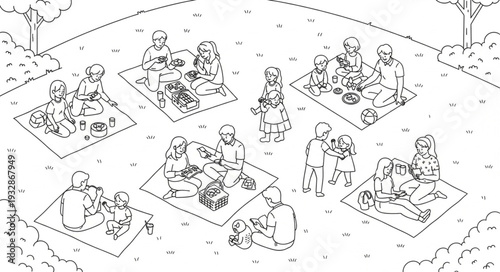 People enjoying a picnic outdoors on blankets in a park setting with food and drinks.