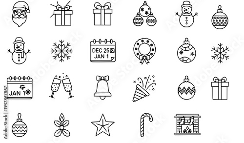 A set of minimalist Christmas icons and symbols in a flat line art style