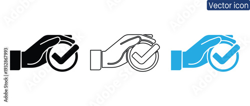 Set of hand holding checkmark icons in different styles for approval and confirmation