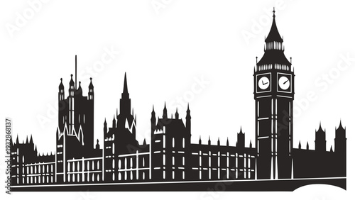 A black and white vector graphic illustration of the London skyline featuring Big Ben and the Houses of Parliament