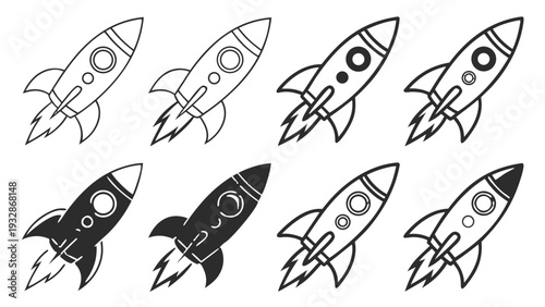 A set of eight black and white rocket ship icons in various line art styles and orientations