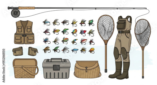 Fly fishing gear assortment showcasing rods, waders, nets, and flies for angling adventures.