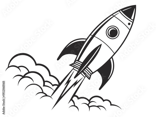 A black and white vector graphic illustration of a rocket ship blasting off into space with clouds of smoke