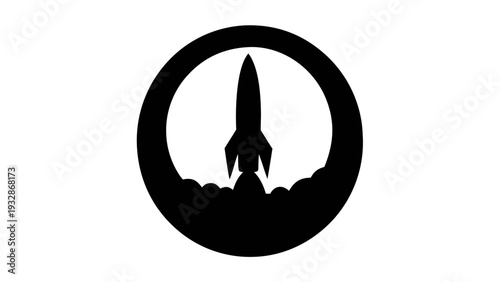 A black silhouette of a rocket ship launching into space within a circular icon