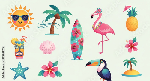 Summer vacation elements collection, including sun, palm tree, surfboard, flamingo, and pineapple.