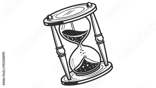 A black and white illustration of an hourglass with sand flowing from top to bottom