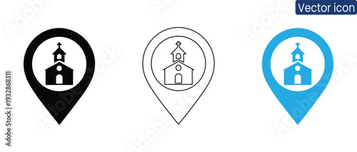 Set of church location icons in black, line, and blue for use in navigation and religious contexts