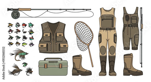 Essential fly fishing gear set, including rod, waders, and accessories for angling adventures.