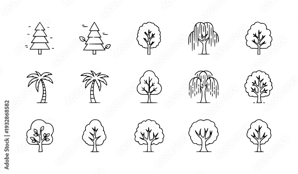 Fototapeta premium A set of minimalist tree icons in a simple line art style
