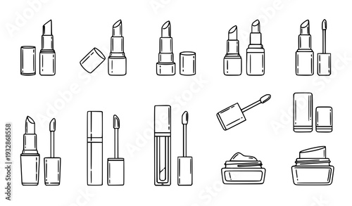 A set of black and white line art illustrations of various lipstick and makeup products