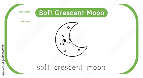 Cute Soft Crescent Moon Drawing with Stars and Happy Face for Kids Education