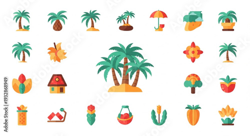 Collection of vibrant tropical palm trees on a sunny beach, perfect for summer.