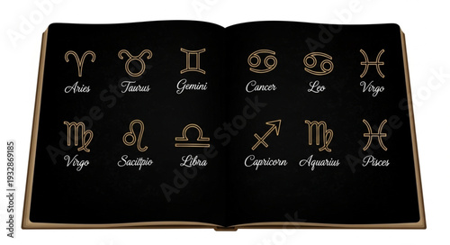 Astrological Zodiac Signs Displayed in an Open Book with Golden Symbols.