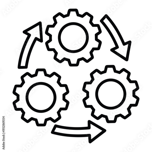 Three cog gears with circular arrows icon showing workflow automation continuous improvement process and operational strategy outline