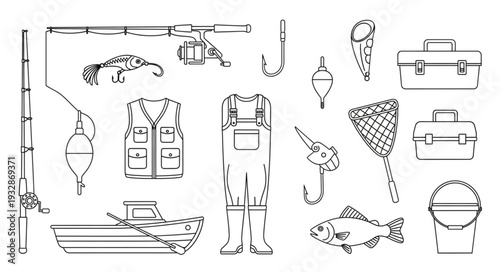Fishing gear collection illustration, perfect for outdoor activities and angling.