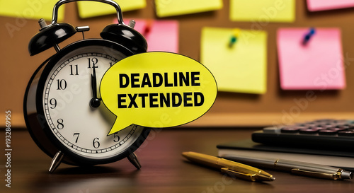 Desk scene featuring an alarm clock with a 'Deadline Extended' note, surrounded by sticky notes and pens, symbolizing relief from time pressure.