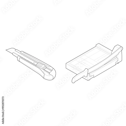 Isometric paper cutting tools with snap blade knife and guillotine trimmer