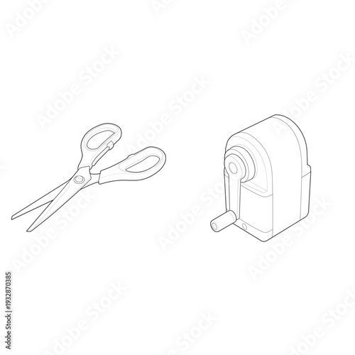 Isometric scissors and crank pencil sharpener technical blueprint