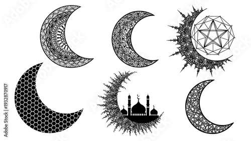 Islamic crescent moon collection with mandala patterns, mosque silhouette, and geometric star elements