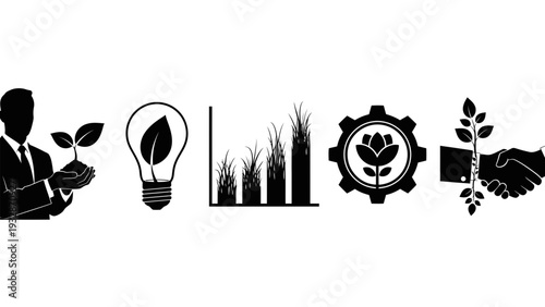 Sustainable green business ecosystem with corporate planting eco bulb growth chart and renewable industry icons