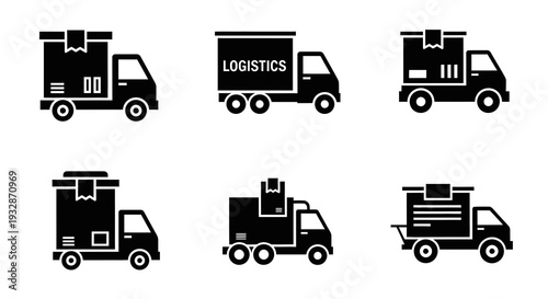 Logistics and delivery service collection with freight trucks shipping boxes and parcel distribution icons