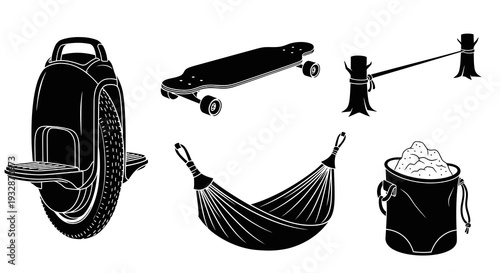 Alternative outdoor transportation and adventure sport set with electric unicycle longboard hammock and slackline