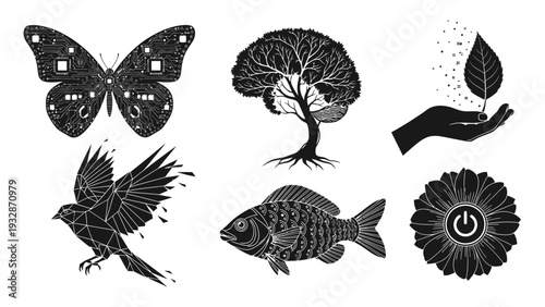 Conceptual nature and technology integration set with digital butterfly brain tree geometric bird and power flowe