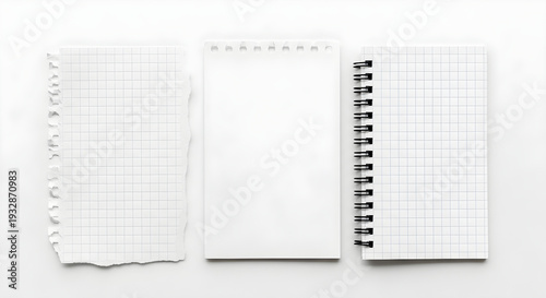 Blank notebooks with grid paper and white pages on a clean background for design mockup