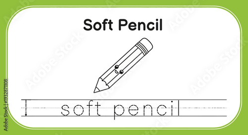 Cute Soft Pencil Character Learning to Write 'soft pencil' on Lined Paper
