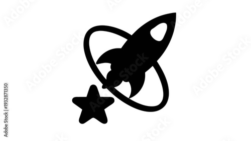 A minimalist vector graphic of a rocket ship orbiting a star
