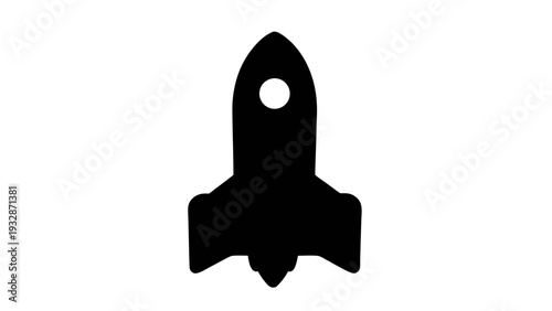 A black silhouette of a rocket ship icon on a white background
