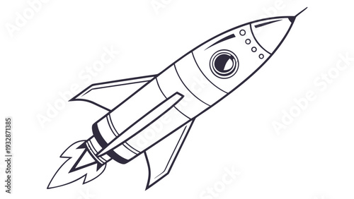 A minimalist vector graphic illustration of a rocket ship in black and white
