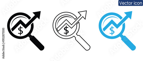 Set of financial growth icons featuring magnifying glass and dollar sign