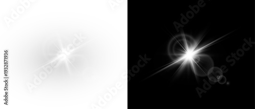 Yellow star flashed with sparkles sun isolated on white background. Soft glow without departing rays, sunlight with lens flare effect. PNG vector light effect.