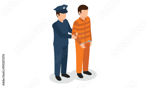 Isometric Police Officer Escorting Handcuffed Prisoner