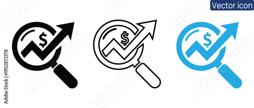 Magnifying glass focusing on dollar sign with rising arrow symbolizing financial growth and business success