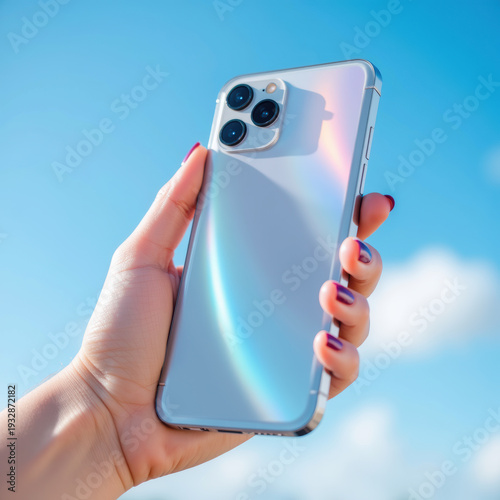 Shiny smartphone metallic finish triple camera hand holding blue sky outdoor modern technology summer vibrant