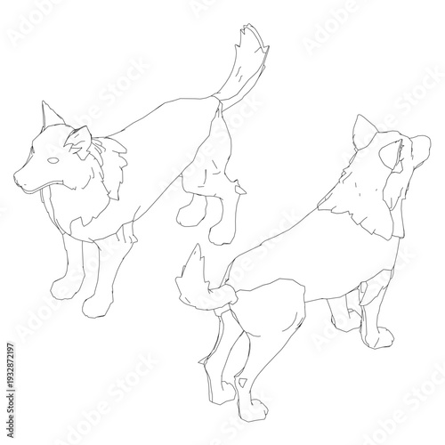 Two stylized dogs drawn with intricate contour lines and detailed fur. This printable coloring page features a sketch-like illustration on a white background.