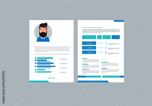 Sample resume template with blue and green graphics and cartoon man