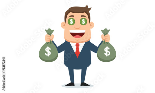 Greedy Businessman Holding Money Bags with Dollar Eyes
