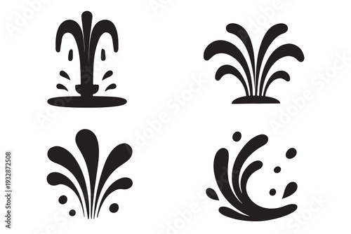 Collection of four black and white water fountain and splash icons on a plain white background.