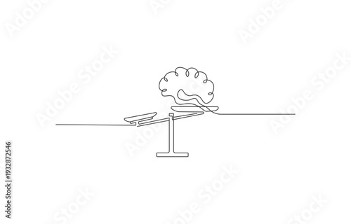 Brain balanced on scales, single line art vector illustration