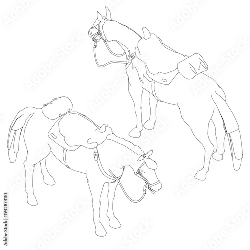 Two black contour horses with saddles stand together in a minimalist line drawing. The clean illustration on a white background creates a stark, graphic animal set.
