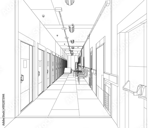 A stark hospital hallway in black and white contour line art features a long perspective of doors, ceiling lights, and empty waiting chairs.