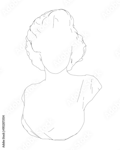 A black and white contour drawing of a woman's bust resembles a minimalist sculpture. The clean lines define her short hair and facial profile against a plain white background.