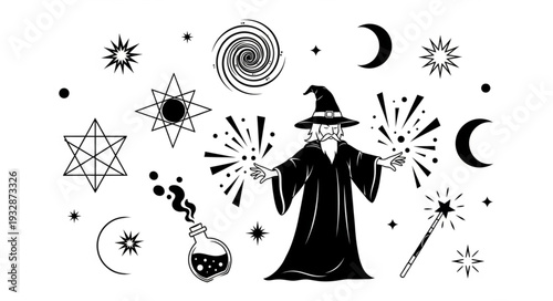 Mystical wizard conjuring magic with stars and celestial elements in a dark illustration.