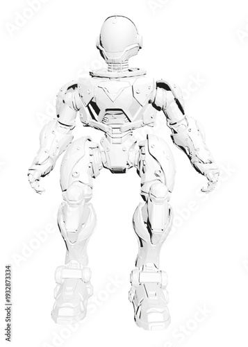 A white sci-fi robot unit with a polygonal helmet stands on a clean white background. This simple coloring page design features bold outlines and a futuristic aesthetic.