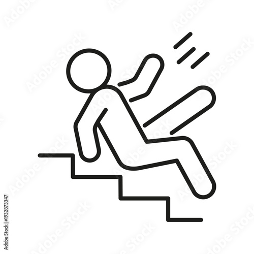 Man falling down stairs outline icon. Warning sign for slippery surface on stairway. Accident prevention and safety concept. Vector illustration