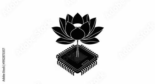 Digital lotus flower blooming from a computer chip, symbolizing technology and nature harmony.